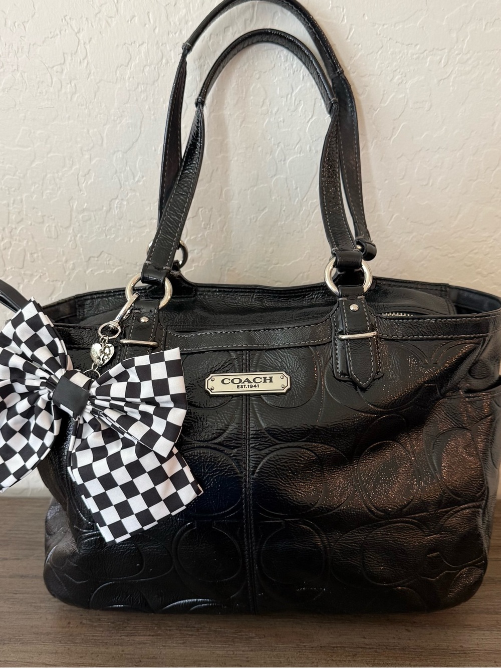 COACH Black Embossed Signature Patent Leather Shoulder Tote